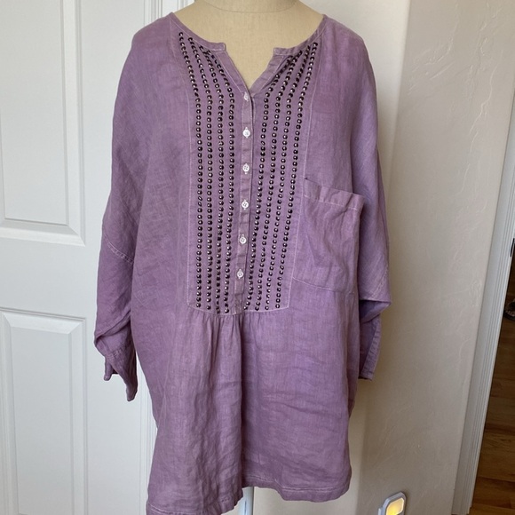 Wrap 100% Linen Tunic blouse Womens 12 Purple Lagenlook Bohemian Artsy beaded - Picture 2 of 15